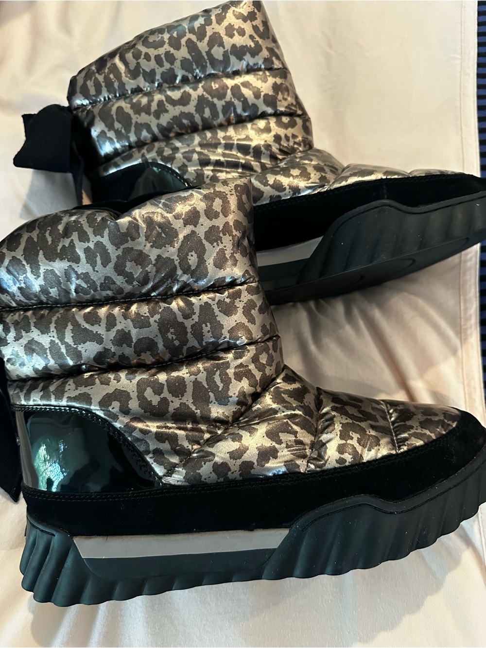 kate spade Metallic Leopard Quilted Winter Boots - Silver & Black